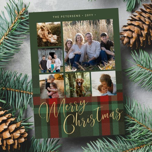 Red green plaid photo collage Merry Christmas  Holiday Card