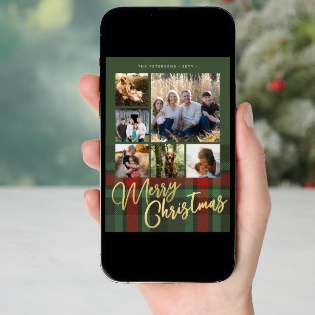 Red green plaid photo collage Merry Christmas  Holiday Card (Front Digital)