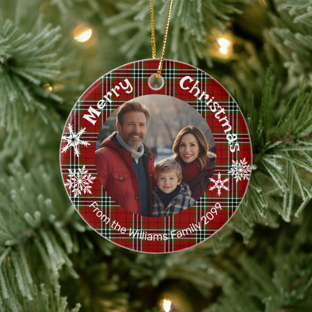 Red green plaid photo white snowflakes ceramic ornament (Tree)