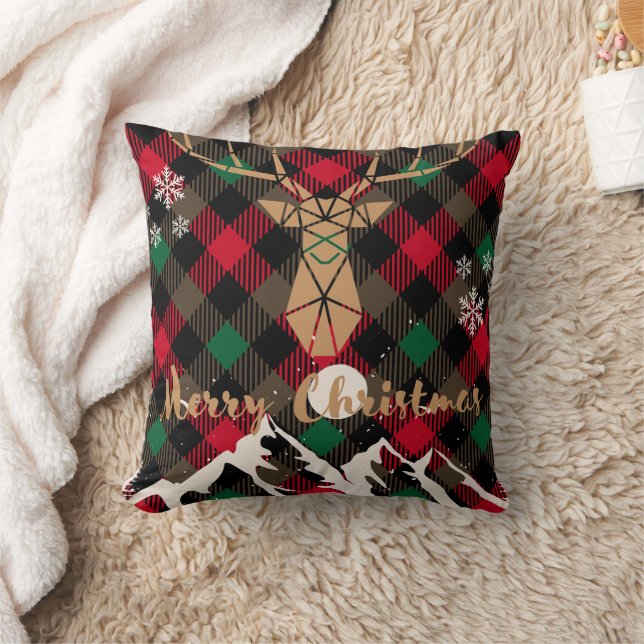Red & Green Plaid Reindeer Christmas Throw Pillow (Blanket)