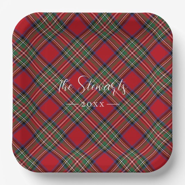 Red Green Plaid Rustic Classic Stewart Tartan Paper Plates (Front)