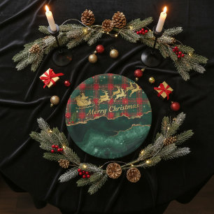 Red Green Plaid Santa Sleigh Merry Christmas Paper Plates