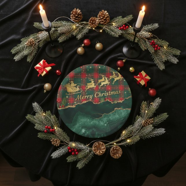 Red Green Plaid Santa Sleigh Merry Christmas Paper Plates (Creator Uploaded)