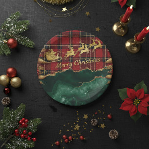 Red Green Plaid Santa Sleigh Merry Christmas Paper Plates