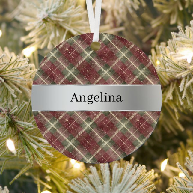 Red Green Plaid Silver Ribbon Christmas Metal Ornament (Insitu)
