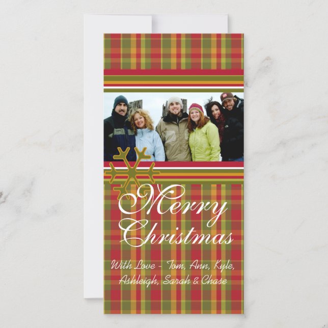 Red Green Plaid Snowflake Holiday Family Pictures Card (Front)