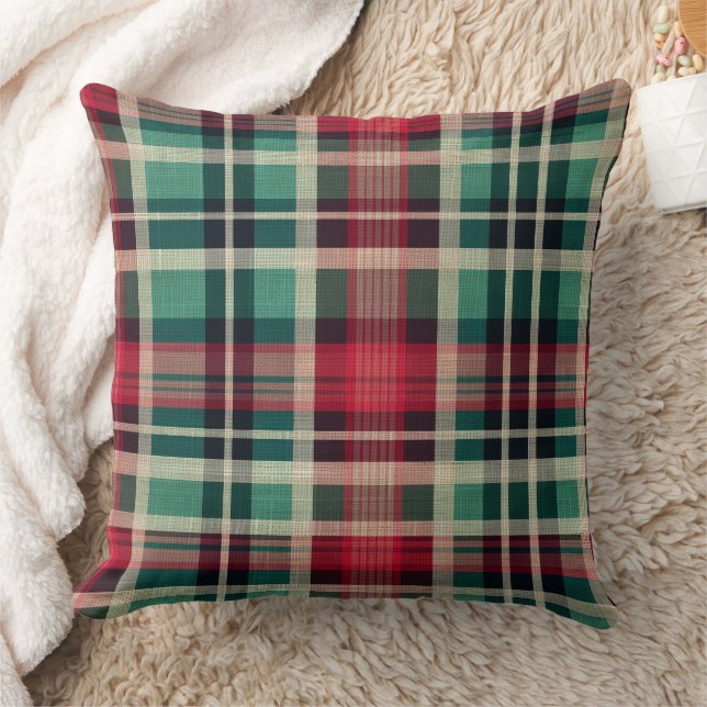 Red Green Plaid Stripes Christmas Throw Pillow (Blanket)