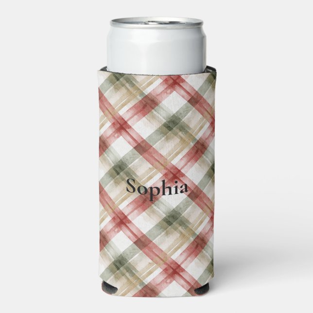 Red Green Plaid Stripes Seltzer Can Cooler (Seltzer Front)