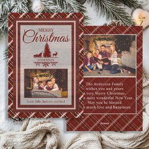 Red Green Plaid Tartan 2 Photo Monogram Christmas Holiday Card