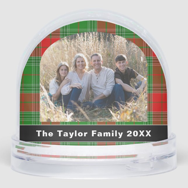 Red & Green Plaid Tartan Family Photo Christmas Snow Globe (Back)