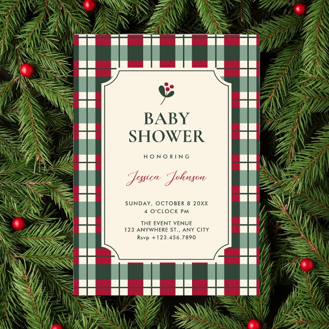 Red green plaid tartan pattern baby shower invitation (Creator Uploaded)
