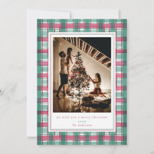 Red Green Plaid Watercolor Flannel Family Photo Holiday Card