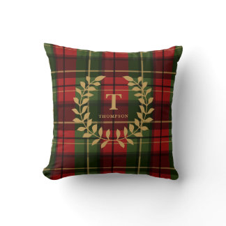 Red Green Plaid With Laurel Wreath Custom Monogram Throw Pillow