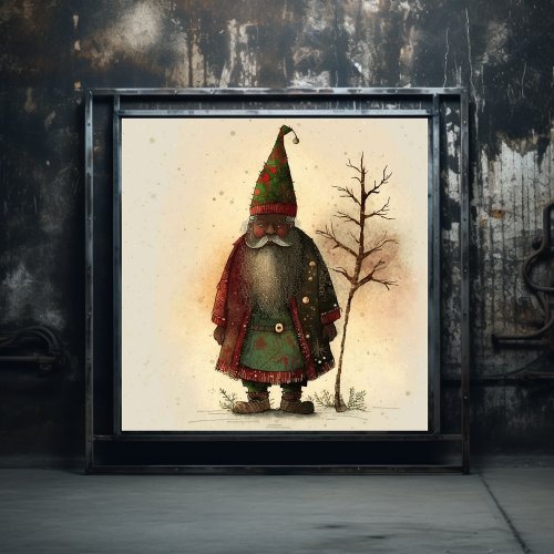 Red  Green Plaid Woodland Gnome Black Santa Poster