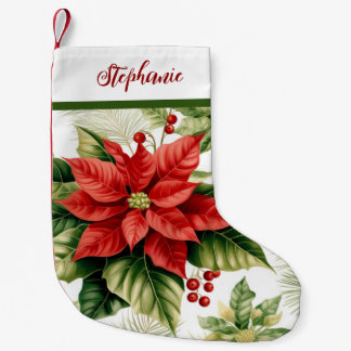 Red Green Poinsettia Holly Pattern Personalized Small Christmas Stocking