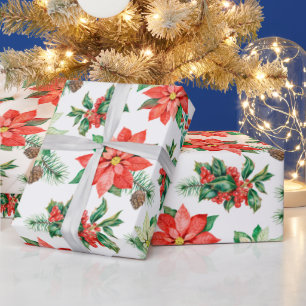 Red Green Poinsettia Pine Botanical Christmas Wrapping Paper
