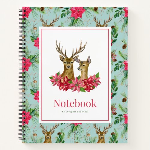 Red Green Poinsettia Wreath Antler Christmas Notebook