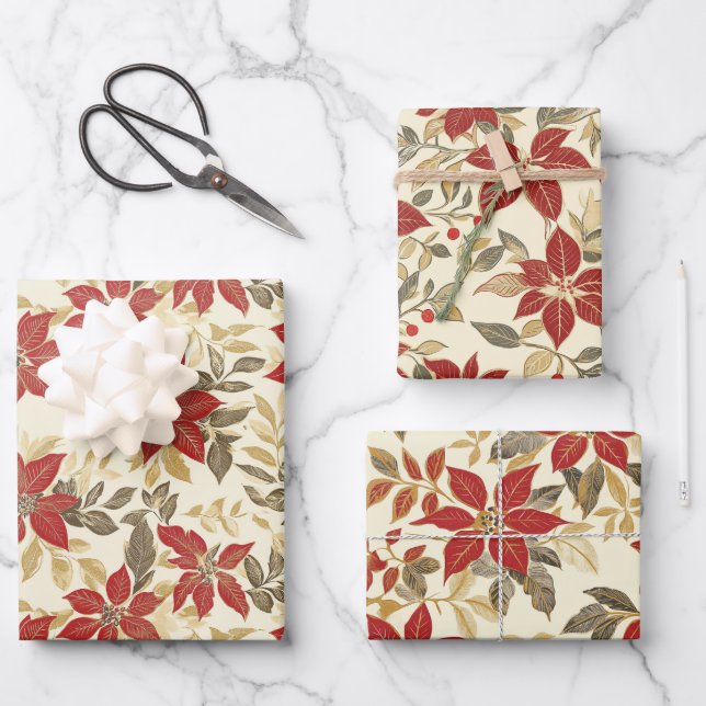 Red Green Poinsettias Vintage Christmas Wrapping Paper Sheets (Front)