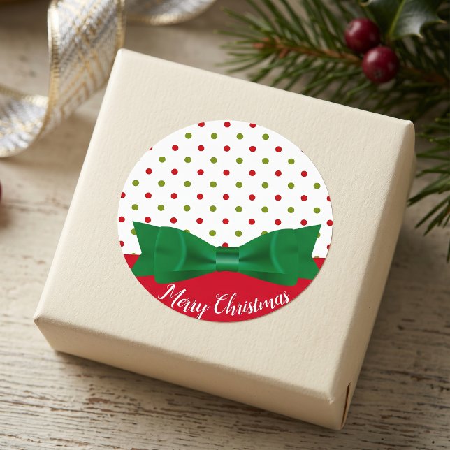 Red Green Polka Dot Bow Christmas Favor Classic Round Sticker (Creator Uploaded)