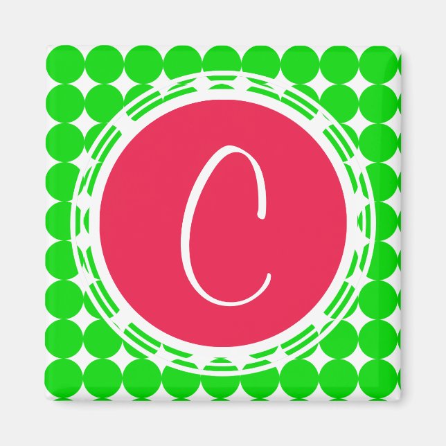 Red & Green Polka Dot Monogram Magnet (Front)