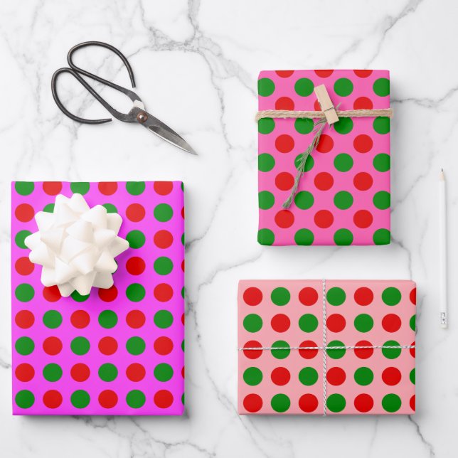 Red Green Polka Dot Pattern Pink Christmas Wrapping Paper Sheets (Front)