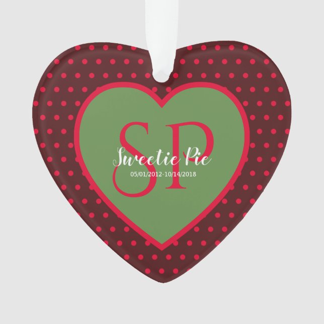 Red & Green Polka Dot Personalized Memorial Heart Ornament (Front)