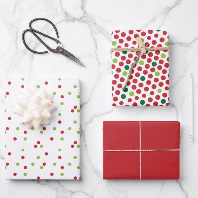 Red & Green Polka Dots Christmas Coordinated   Wrapping Paper Sheets (Front)