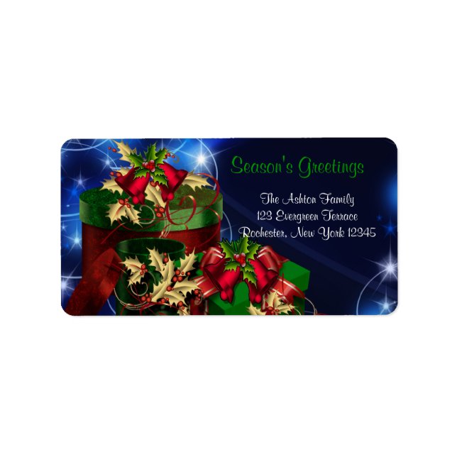Red & Green Presents Blue Christmas Address Labels (Front)
