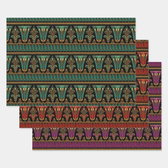 Red, Green, Purple and Gold Art Deco Wrapping Paper Sheets (Set)