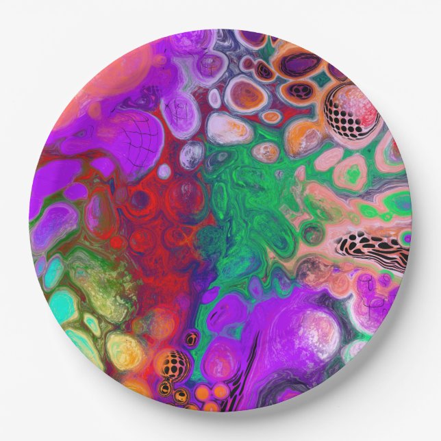 Red, Green, Purple Colorful Digital Fluid Art   Paper Plates (Front)