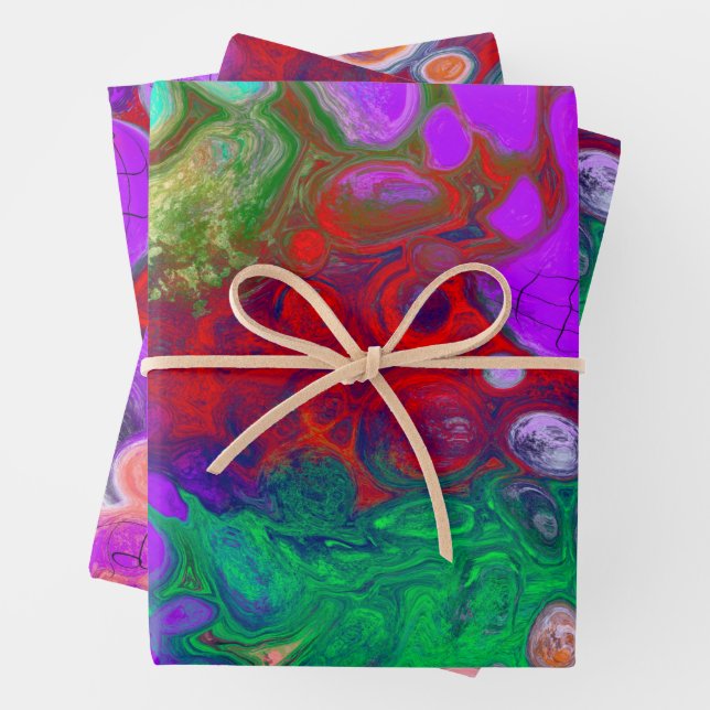 Red, Green, Purple Colorful Digital Fluid Art   Wrapping Paper Sheets (In situ)
