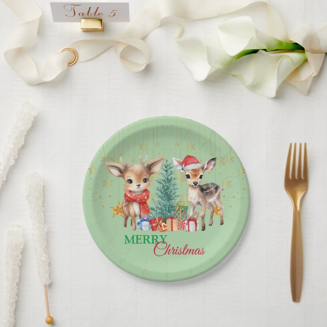 Red Green reindeer Santa  Merry Christmas Party Paper Plates (Wedding)