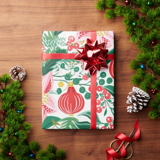 Red Green Retro Florals Christmas Wrapping Paper (Holiday Gift)