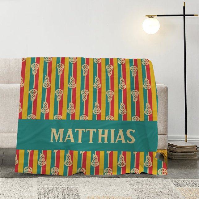 Red & Green Retro Lacrosse Sticks and Stripes Fleece Blanket (Creator Uploaded)