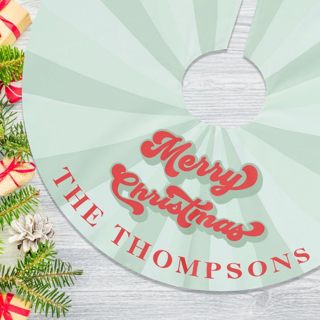 Red Green Retro Merry Christmas Custom Brushed Polyester Tree Skirt (Merry Christmas retro style typography Christmas tree skirt.)