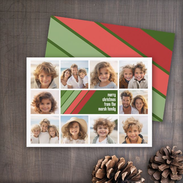 Red Green Retro Stripes - 10 Photo Collage Holiday Card (Red and Green Retro Stripe Holiday Card - 10 Photo Template - Print and Download Options)