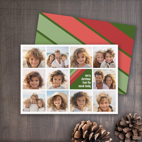 Red Green Retro Stripes _ 11 Photo Collage Holiday Card