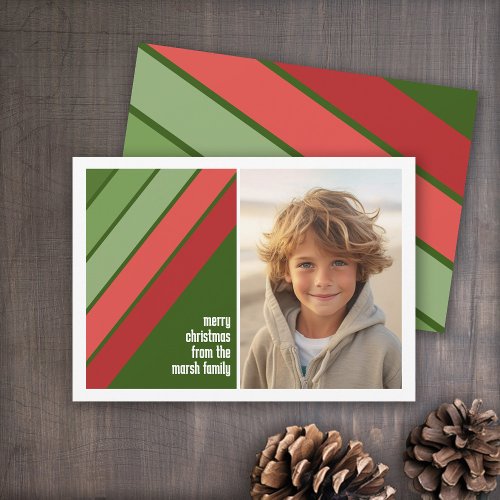 Red Green Retro Stripes _ 1 Photo Holiday Card