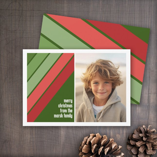 Red Green Retro Stripes - 1 Photo Holiday Card (Red and Green Retro Stripe Holiday Card - 8 Photo Template - Print and Download Options)