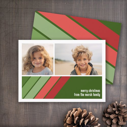 Red Green Retro Stripes _ 2 Photo Collage Holiday Card