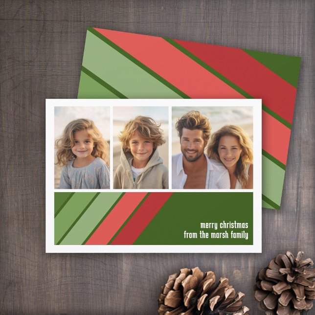 Red Green Retro Stripes - 3 Photo Collage Holiday Card (Red and Green Retro Stripe Holiday Card - 3 Photo Template - Print and Download Options)