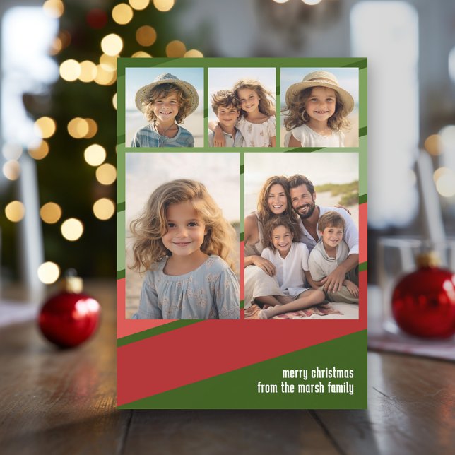 Red Green Retro Stripes - 5 Photo Collage Holiday Card (Modern Christmas Photo Greeting Card)