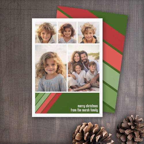 Red Green Retro Stripes _ 5 Photo Collage Holiday Card