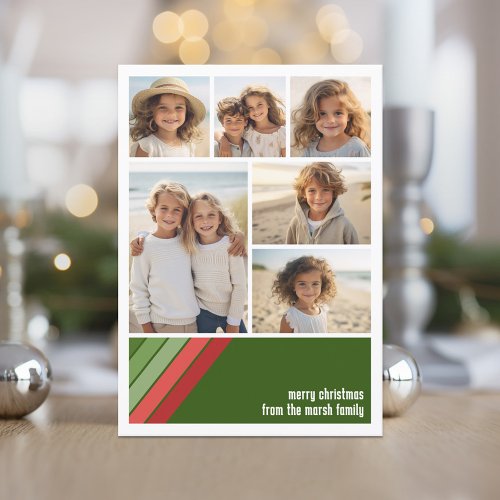 Red Green Retro Stripes _ 6 Photo Collage Holiday Card