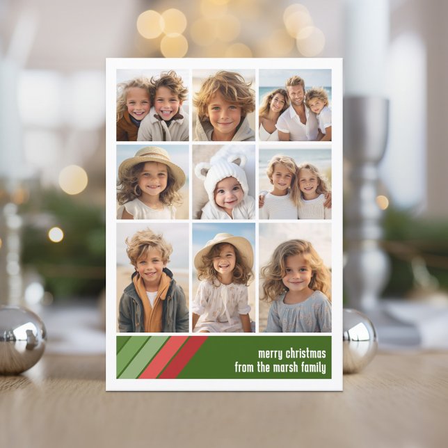 Red Green Retro Stripes - 9 Photo Collage Holiday Card (Red and Green Retro Stripe Holiday Card with an 10 Photo Collage template)