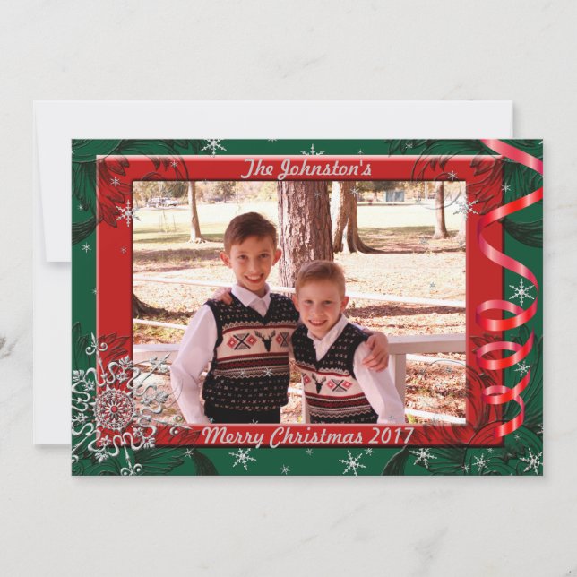 Red & Green Ribbon Photo Frame Christmas Card (Front)