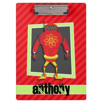 Red & Green Robot; Scarlet Red Stripes Clipboard by Birthday_Party_House at Zazzle