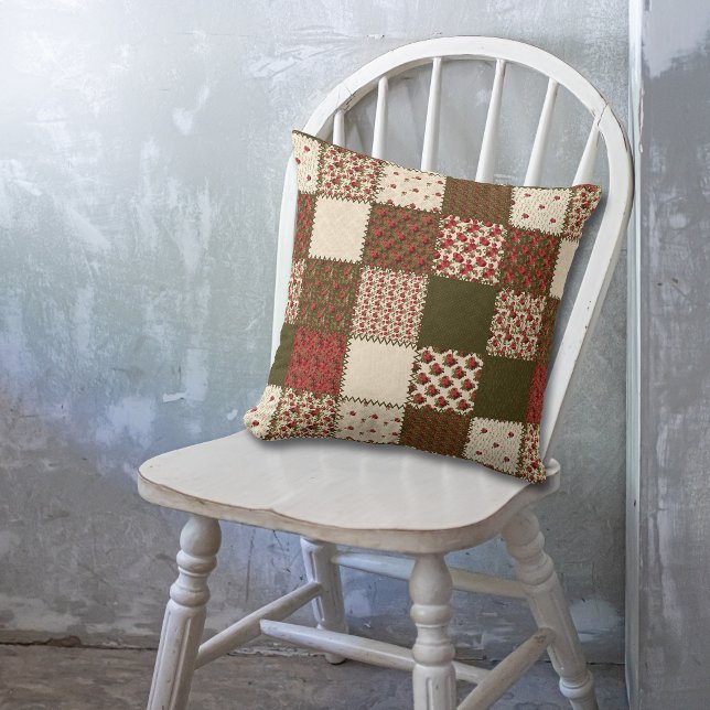 Red Green Roses Patchwork Quilt Pattern Throw Pillow (Creator Uploaded)