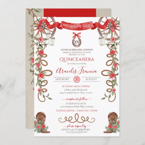 Red Green Rustic Boho Western Charra Quinceanera I Invitation