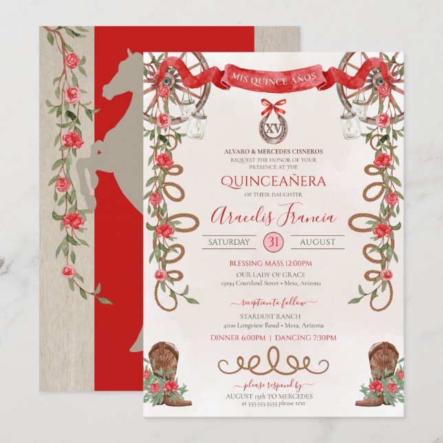 Red Green Rustic Boho Western Charra Quinceanera Invitation (Front/Back)